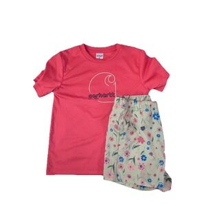 Carhartt Girls Toddler 2 Piece Shorts Outfit 4T Coral Tan Floral Sun Defense NWT